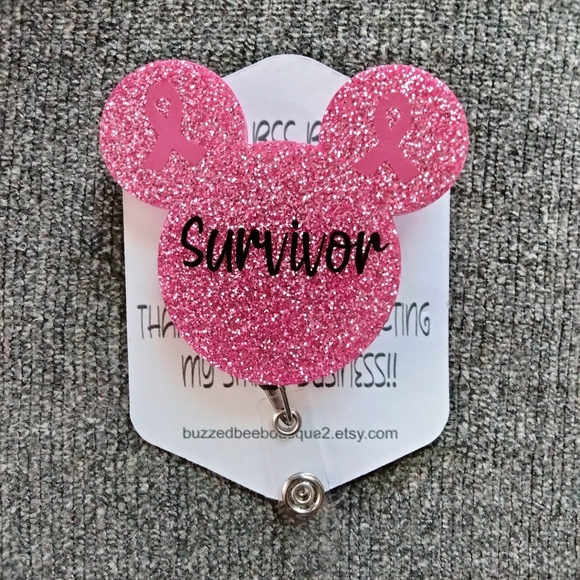 Survivor Mickey Breast Cancer Awareness retractable name badge reel ID holder - Picture 2 of 2